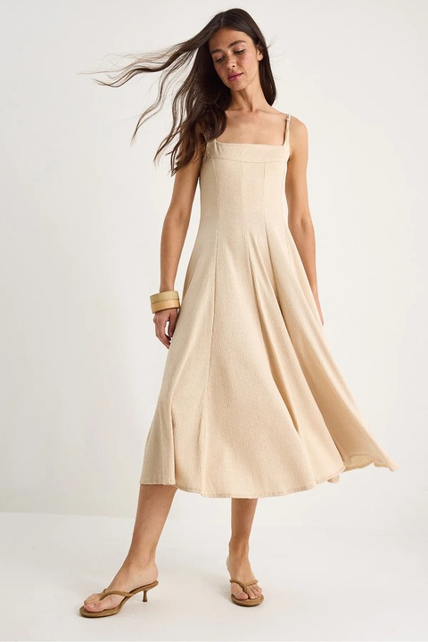 Női midi ruha, HiCCUP, textil, szögletes nyakkivágással, bézs