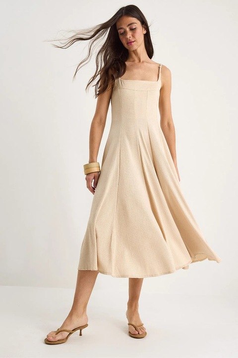 Rochie midi dama, HiCCUP, textil, decolteu patrat, bej