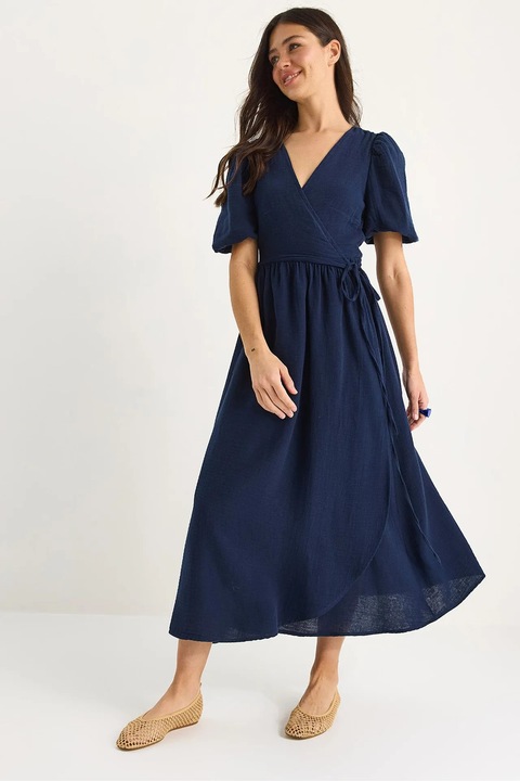 Rochie midi dama, HiCCUP, bumbac, decolteu in V, Albastru marin