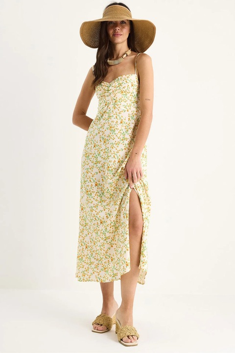 Rochie midi, HiCCUP, fara bretele, imprimeu floral, crapatura, viscoza