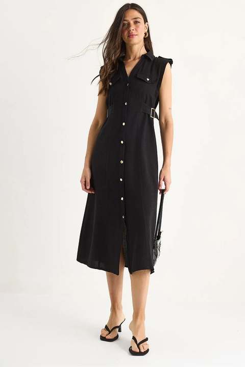 Rochie midi HiCCUP, decolteu in V, funda, negru, viscoza-bumbac