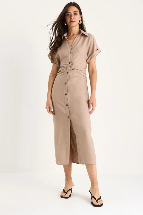 Дамска рокля миди с копчета, HiCCUP, V-образно деколте, поплин, бежово