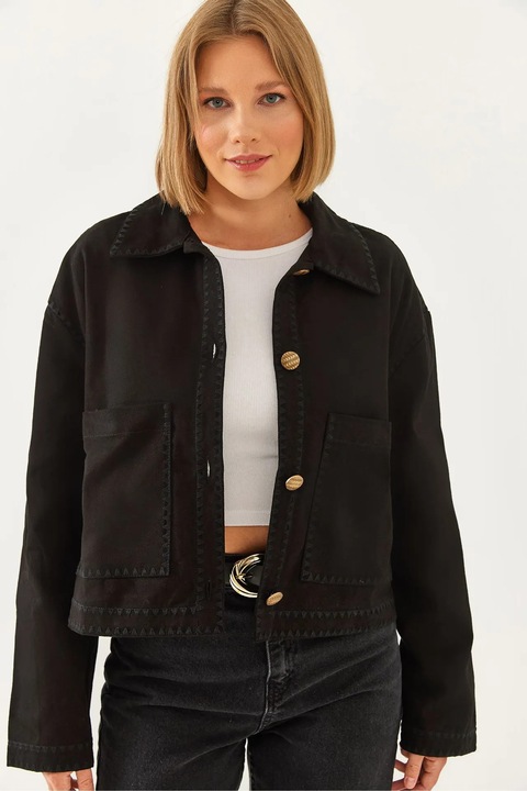 Jacheta scurta dama, piele ecologica brodata, HiCCUP, negru