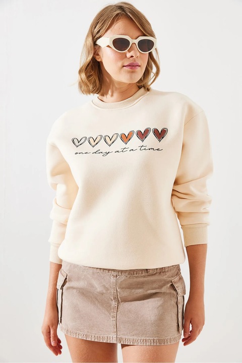 Hanorac dama, HiCCUP, cu guler rotund, model cu inima, bej, bumbac