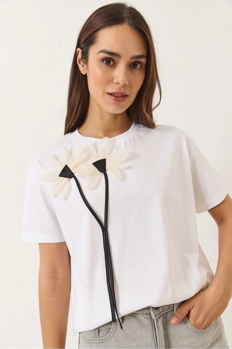 Tricou dama HiCCUP, maneca scurta, imprimeu floral, alb, bumbac