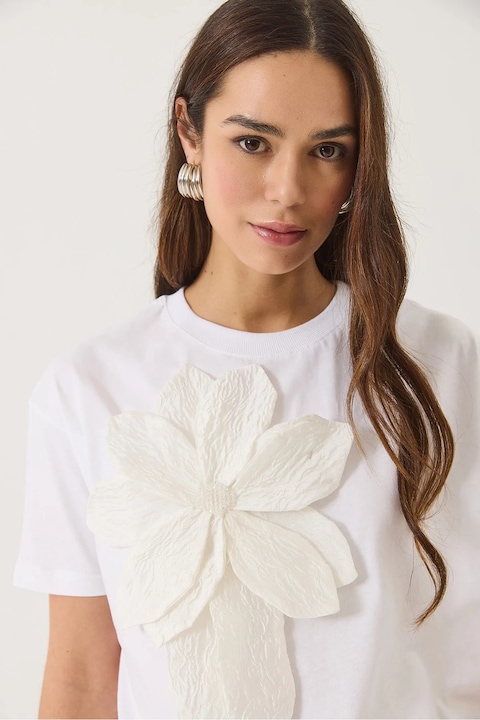 Tricou dama HiCCUP, guler rotund, imprimeu floral, alb, bumbac