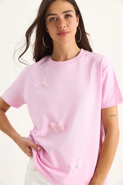 Tricou dama HiCCUP, maneca scurta, guler rotund, brodat, roz, bumbac