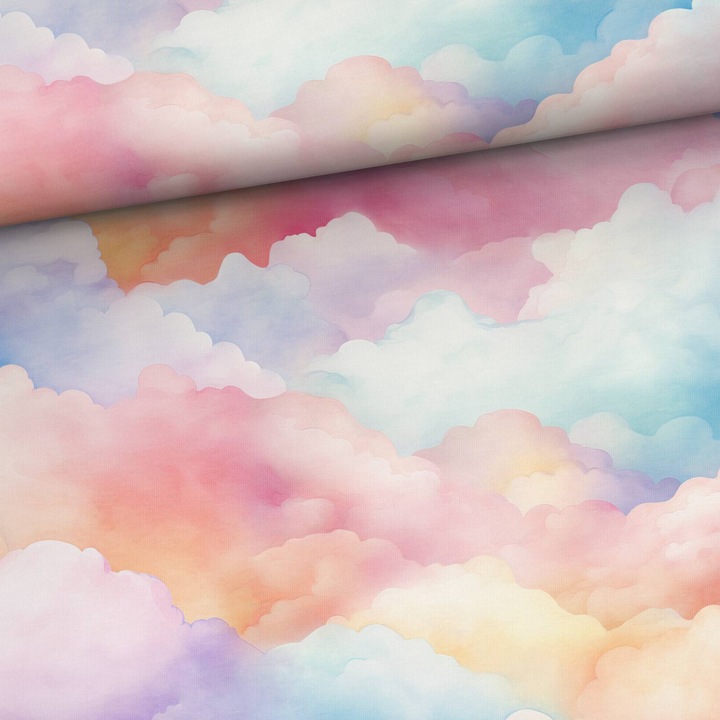 Material textil, Tricot jersey imprimat Nori in pasteluri, bumbac 92%, elastan 8%