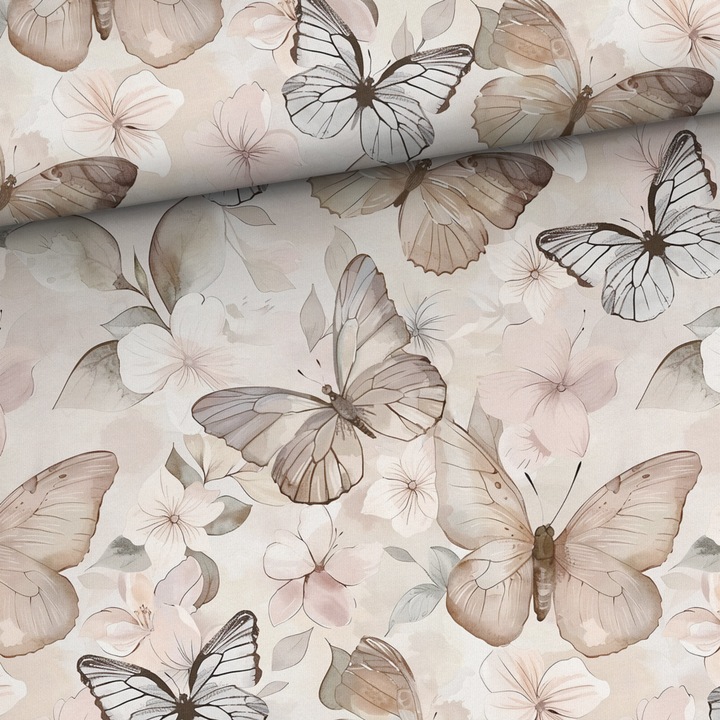 Material textil, Tricot french terry, Tricot trening imprimat Fluturi bej, bumbac 95%, elastan 5%