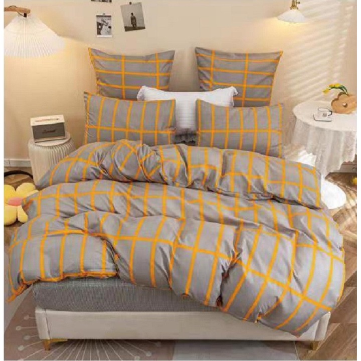 Set Lenjerie Pat Dublu CHIRASO, 4 Piese, Bumbac Satinat Fin, pentru Pat Dublu, Cearceaf cu elastic 180x200 cm, Husa pilota 200x230 cm si 2 Fete de perna, cu imprimeu, gri