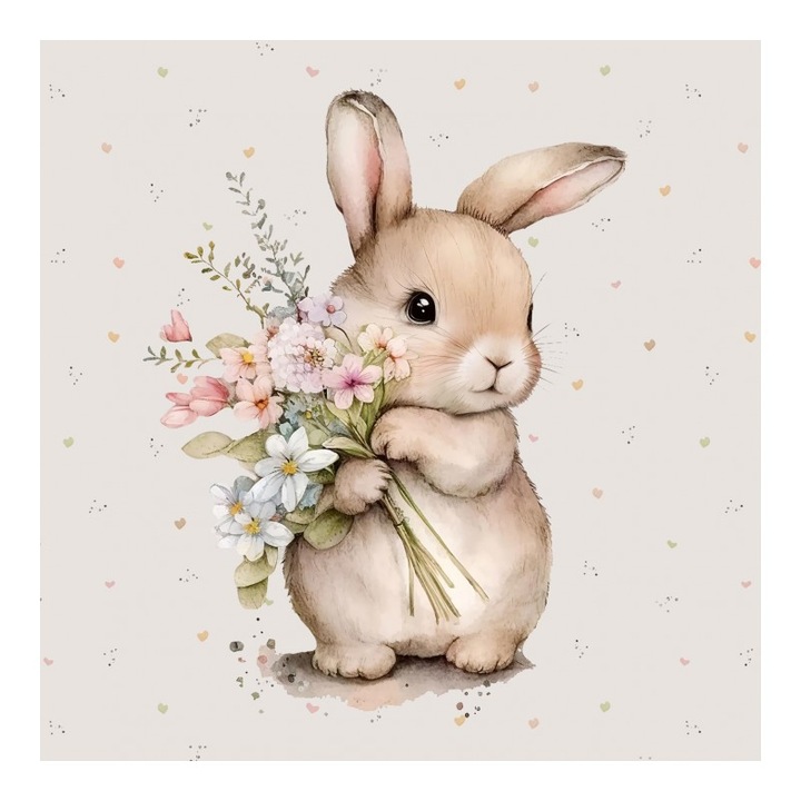 Material textil, Panou din tricot french terry 40x50 cm Iepure cu un buchet, bumbac 95%, elastan 5%