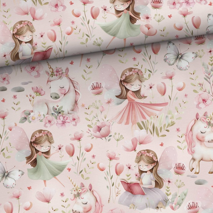 Material textil, Tricot jersey imprimat Zane in gradina, bumbac 92%, elastan 8%