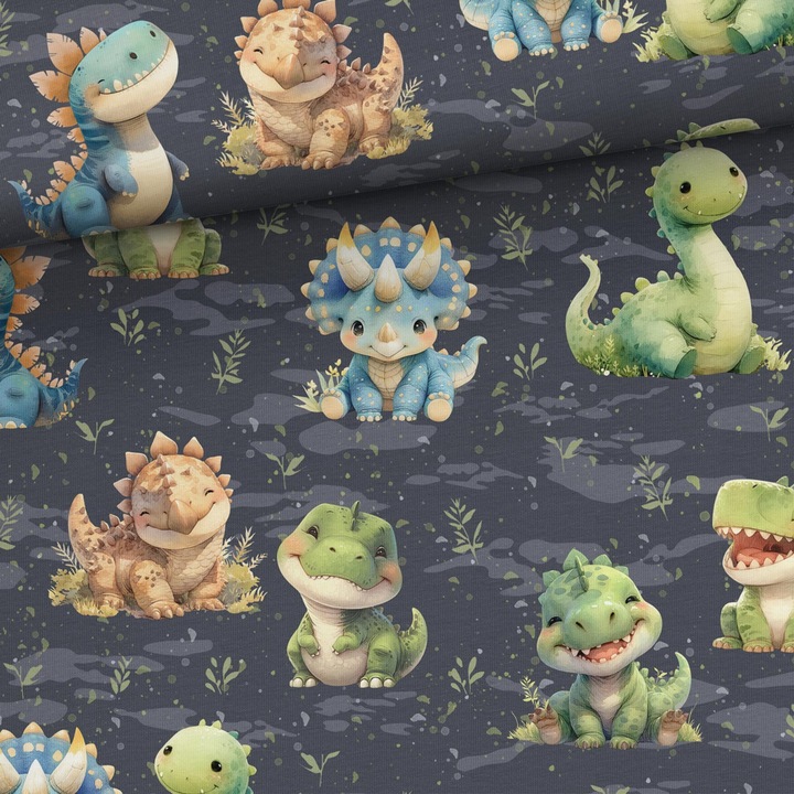 Material textil, Tricot jersey imprimat Baby dinosaurs, bumbac 92%, elastan 8%