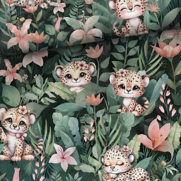 Material textil, Tricot jersey imprimat Gheparzi la tropice, bumbac 92%, elastan 8%