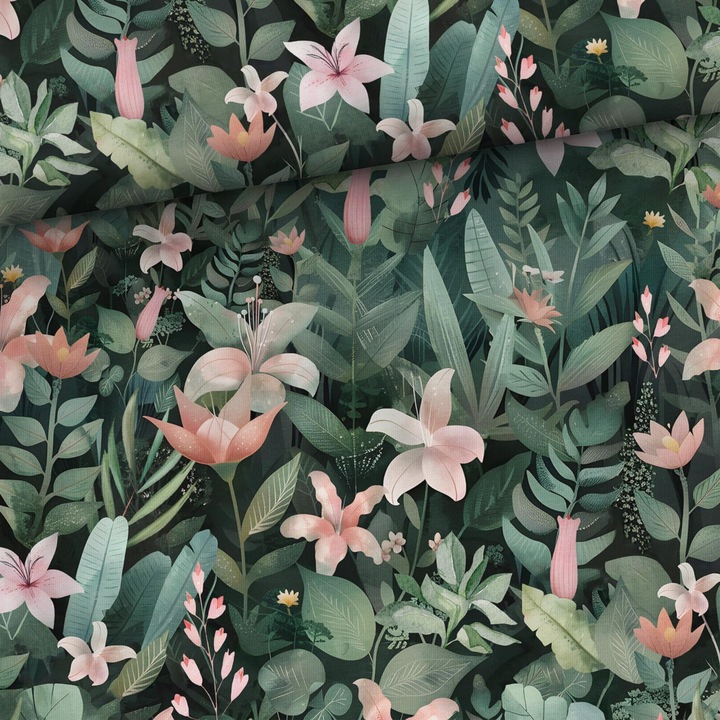 Material textil, Tricot jersey imprimat Rose in tropice combo, bumbac 92%, elastan 8%