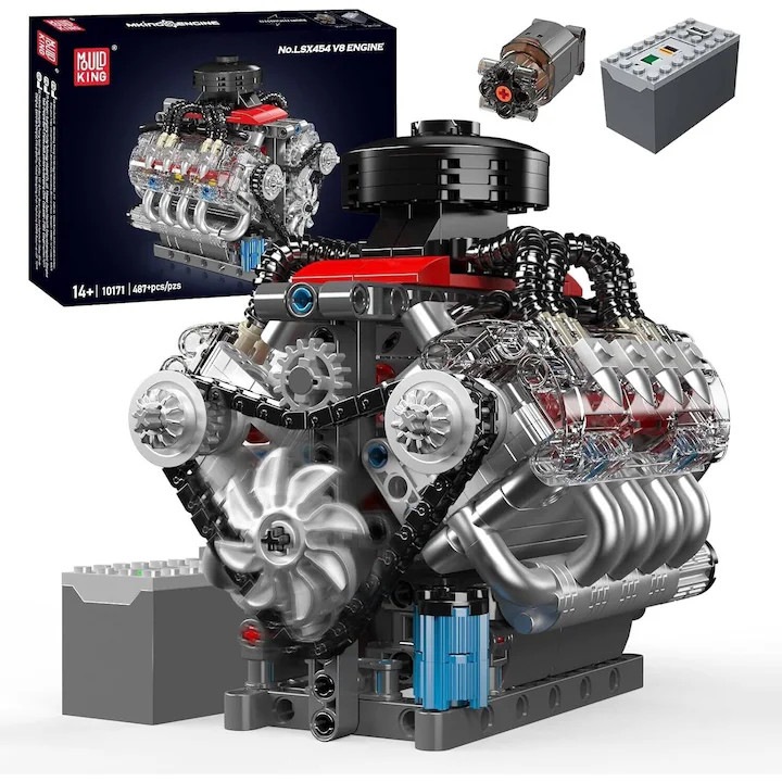 Set de constructie, tehnic Blocuri de constructie pentru modelul de motor V8, cu 487+ de piese, cu componenta de putere pentru blocuri de constructie, Cutie Baterii-AAA, Motor L, potrivit pentru copii si adulti, 14+