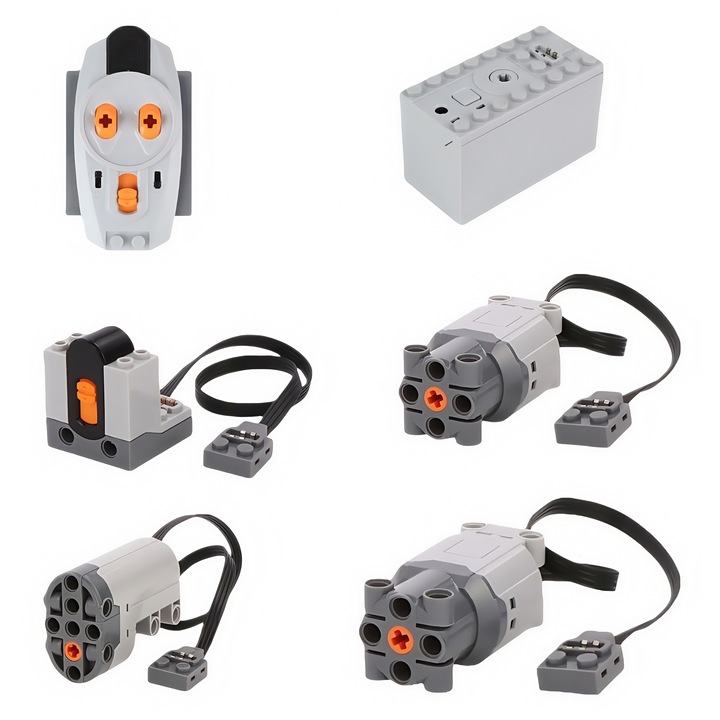 Építőkészlet, HaploS®, Power-Functions Építőelem Készlet, 6 darabos vezeték nélküli motorizációs készlet, L motor, Szervomotor, Távirányító, AA elemtartó doboz