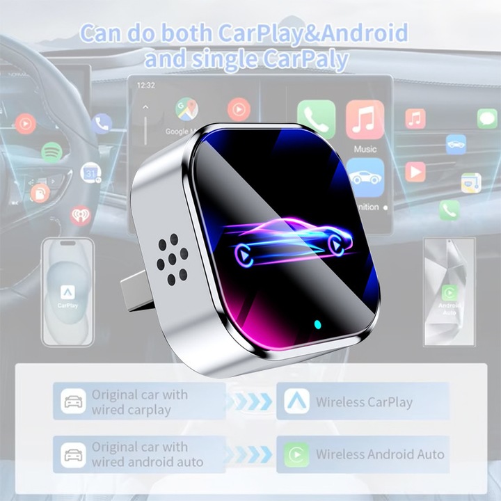 Мини безжичен адаптер CarPlay & Android Auto 2-в-1, ZYNORO®, преобразува кабелната връзка в безжична, съвместим с автомобили с CarPlay или Android Auto чрез USB, мини кутия, автоматично свързване, Сребрист