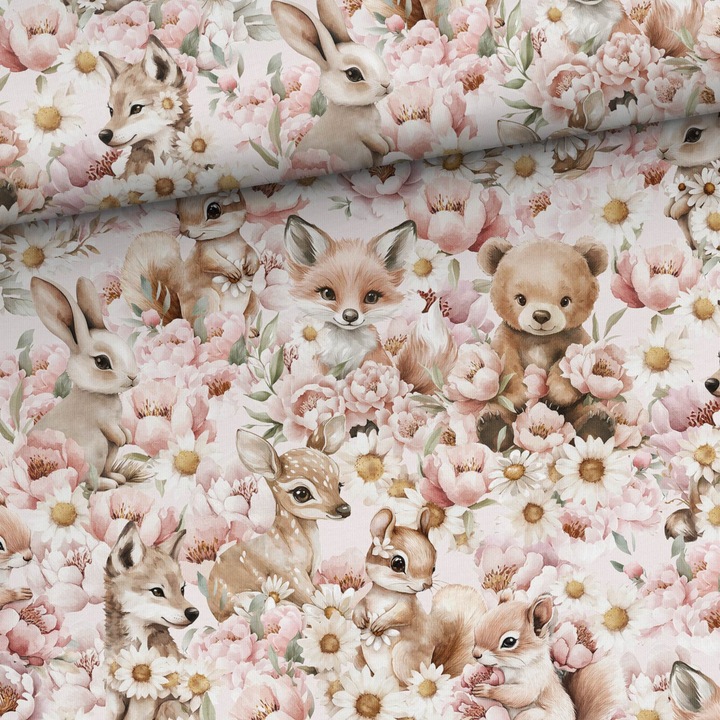 Material textil Tricot jersey Wildlife in flowers, bumbac 92% cu elastan 8%, 160x50cm