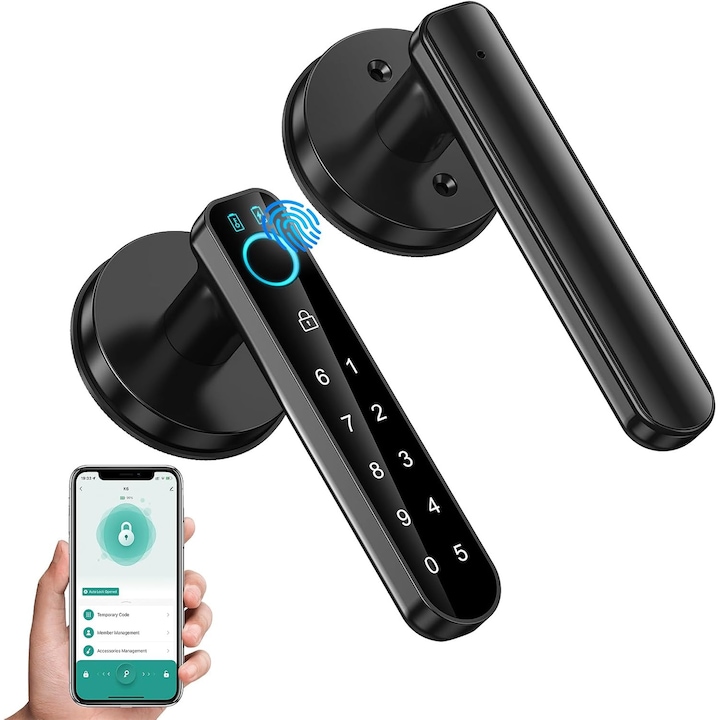 Incuietoare cu amprenta digitala Bisprico, maner inteligent, negru, pentru usa, cu tastatura, 4-in-1