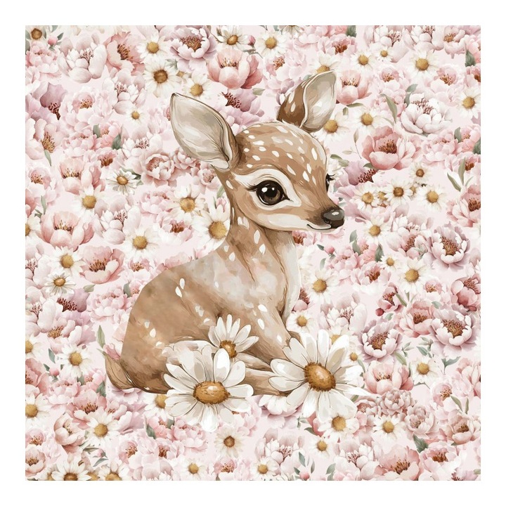 Material textil, Panou din tricot french terry 40x50 cm Wildlife in flowers Deer, bumbac 95%, elastan 5%