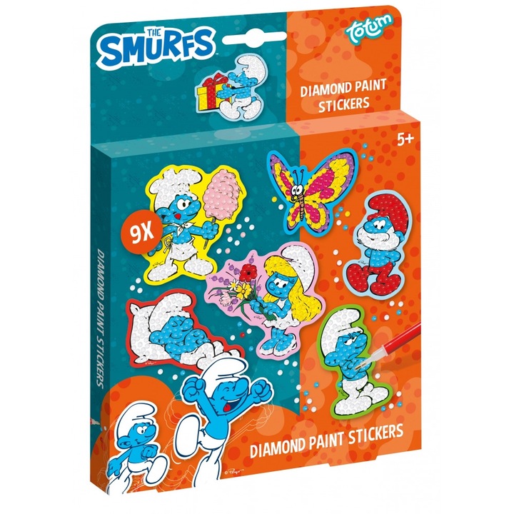 Set creativ, Totum, Strumfi, autocolante pentru pictura cu diamante, 9 piese