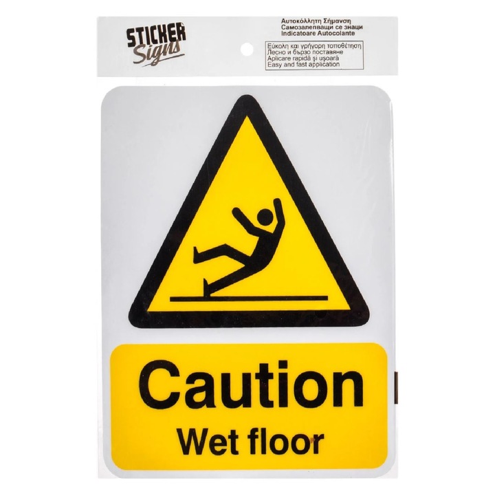Semn autoadeziv „Atentie, podea uda”, 14x18 cm