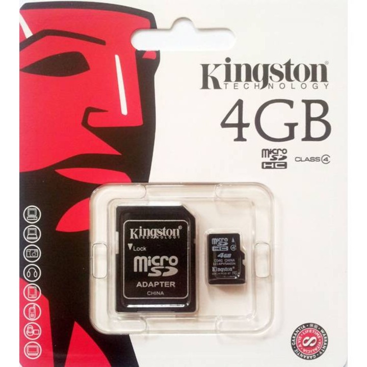 MicroSD, Карта памет, Клас 10 KINGSTON, С адаптер, 4GB