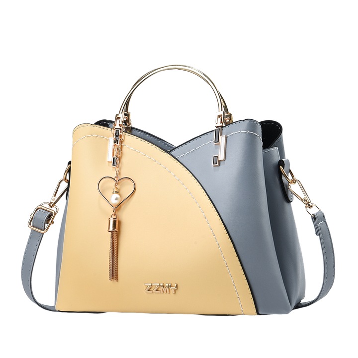Női kézitáska, sokoldalú kialakítás, több rekeszes, fém fogantyúk, cipzár és mágnes, 23x11.5x19cm, Sárga/Kék