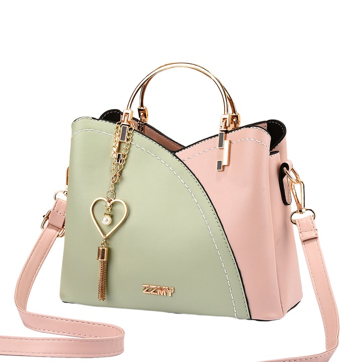 Női kézitáska, sokoldalú kialakítás, több rekeszes, fém fogantyúk, cipzár és mágnes, 23x11.5x19cm, Zöld/Rózsaszín