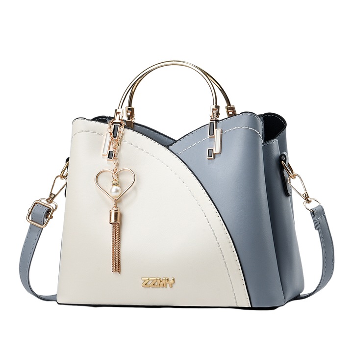 Női kézitáska, sokoldalú kialakítás, több rekeszes, fém fogantyúk, cipzár és mágnes, 23x11.5x19cm, Fehér/Kék