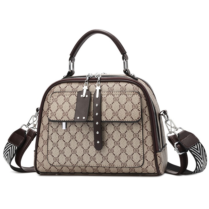 Női kézitáska, sokoldalú kialakítás, több rekeszes, cipzár, 28x12x21cm, Barna