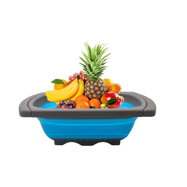 Кошница за плодове и зеленчуци за домакинска употреба, Comando Home, Филтър за оттичане, Сгъваема, Разтегателна, С дръжка, Размери 39x26x12 см, Синя