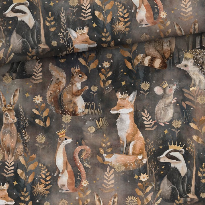 Material textil, Tricot french terry, Tricot trening imprimat Padurea de aur, bumbac 95%, elastan 5%