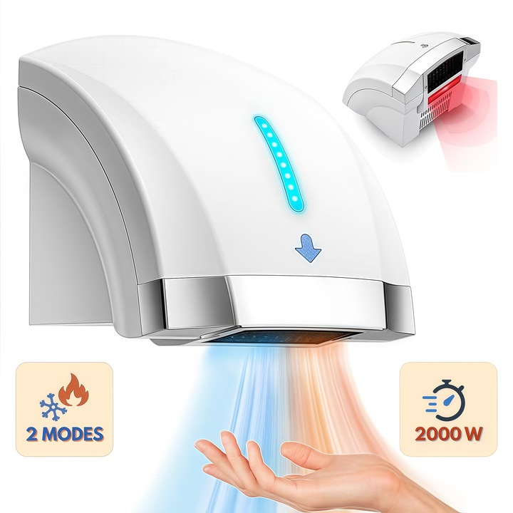 Uscator profesional de maini cu senzor, BestPlaza®, 2000W, Montare pe perete, Senzor automat, Zgomot redus 40dB, Alb