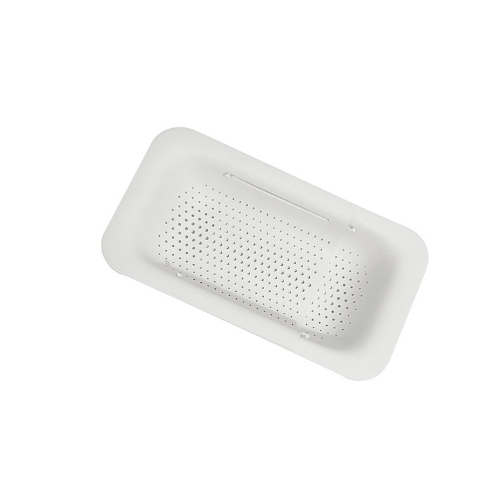 Кошница за отцеждане на плодове и зеленчуци за домашна употреба, Comando Home, Филтър с отвори за отцеждане, Разтегателна, Телескопична конструкция, Размери 36x20x5 см, Бяла