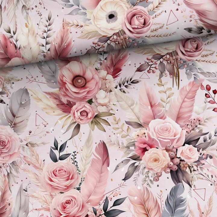 Material textil, Tricot french terry, Tricot trening imprimat Roz Boho, bumbac 95%, elastan 5%