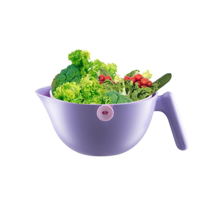 Купа за плодове и зеленчуци за домашна употреба, Comando Home, с 2 слоя и филтър за оттичане, вместимост 2 л, размери 30x22x12 см, лилава