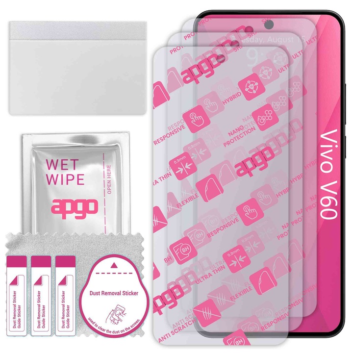 3x apgo Ultra-Clear Hybrid sticla protectoare compatibila cu Vivo V60, sticla nano flexibila, inlocuire excelenta pentru sticla temperata