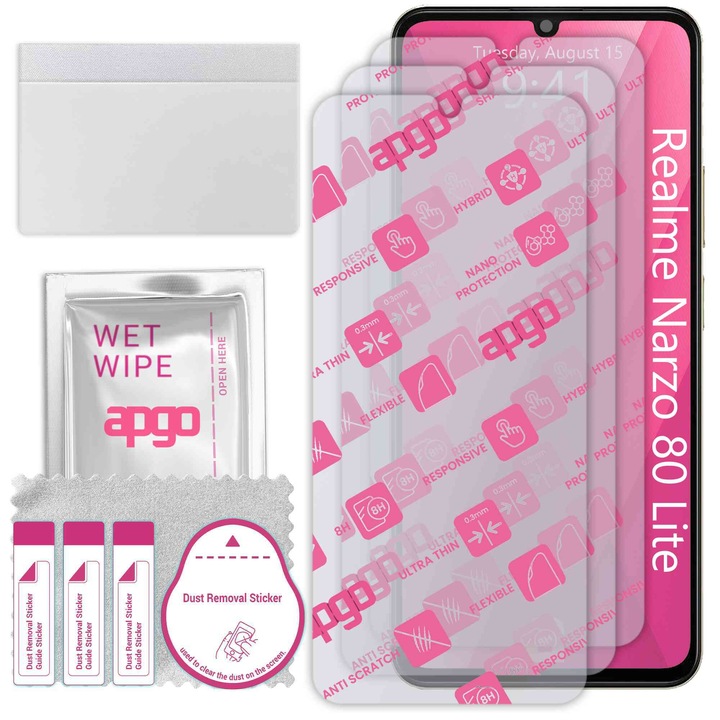 3x apgo Ultra-Clear Hybrid sticla protectoare compatibila cu Realme Narzo 80 Lite, sticla nano flexibila, inlocuire excelenta pentru sticla temperata