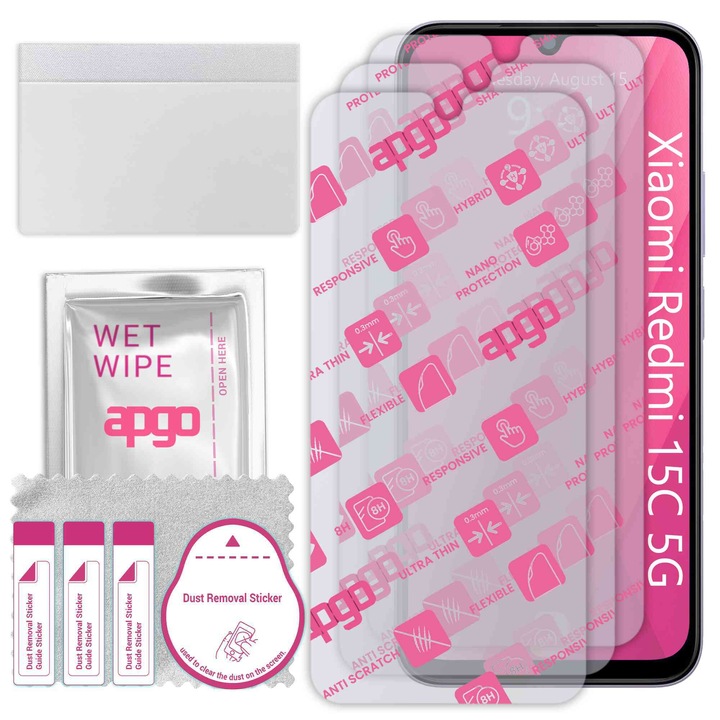3x apgo Ultra-Clear Hybrid sticla protectoare compatibila cu Xiaomi Redmi 15C 5G, sticla nano flexibila, inlocuire excelenta pentru sticla temperata