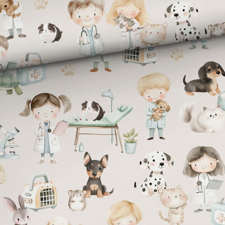 Material textil, Tricot jersey imprimat Mic veterinar, bumbac 92%, elastan 8%