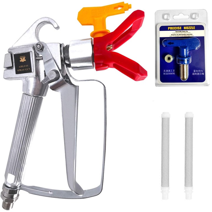 Pistol de vopsit airless profesional KuviKoo™, 3600 PSI, 2 duze 517 reversibile, filtru inclus, compatibil Titan/Wagner, pentru vopsea latex, lac, grund, uz casnic si profesional