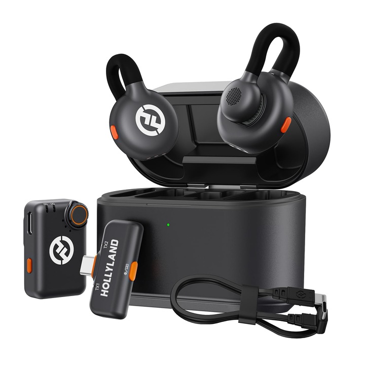 Hollyland Lark M2S Комбиниран безжичен микрофон (камера RX+USB-C RX+Lightning кабел) за iPhone/камера/Android/PC, титаниева щипка, шумопотискане, 30 часа употреба, влог, интервю, създаване на съдържание