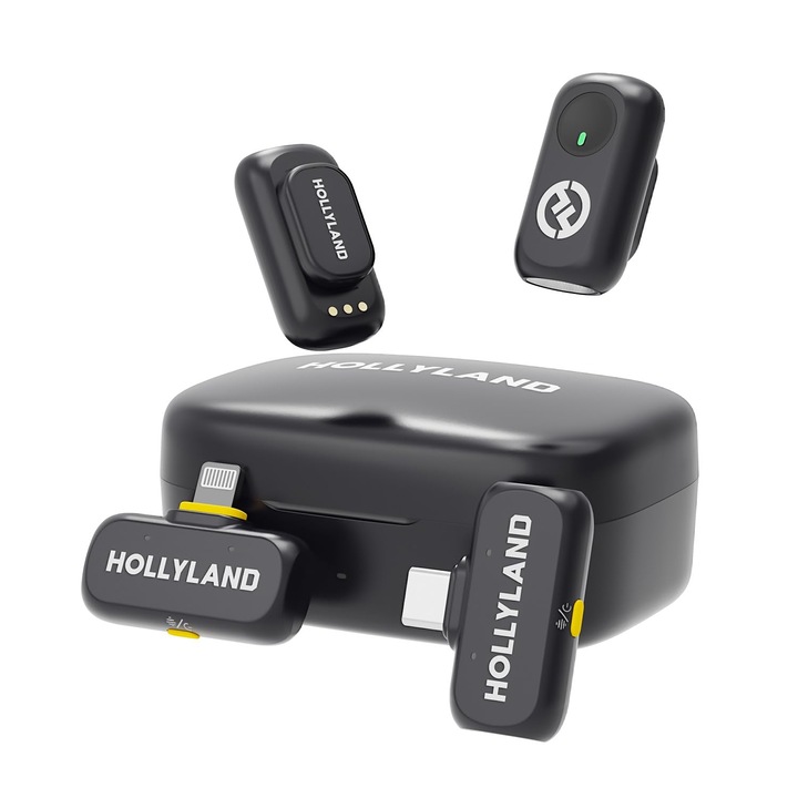 Microfon mini wireless Hollyland Lark A1 pentru iPhone si Android, 48kHz/24-bit, anulare inteligenta a zgomotului pe 3 niveluri, microfon pentru YouTube, podcast, vlogging (negru, 2TX + 2RX + carcasa de incarcare)