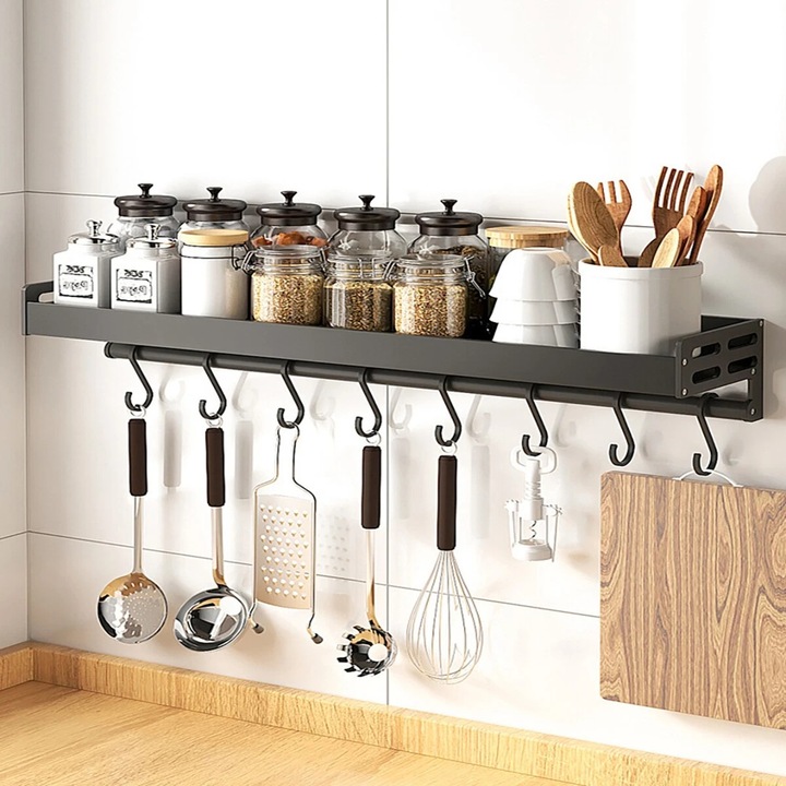 Suport pentru condimente, raft de bucatarie, raft de perete pentru condimente, agatat cu carlige, raft de perete fara gaurire