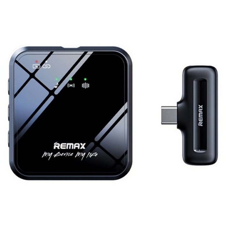 REMAX bluetooth mikrofon, Type-C, zajszűrő, 360°, LAVALIER csíptethető, LED jelzés, fekete