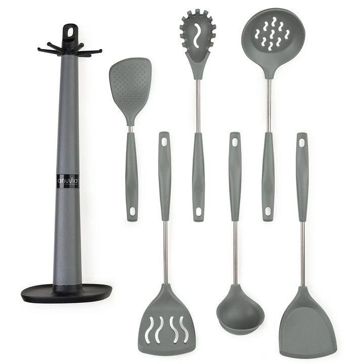 Onuvio® 6 darabos szilikon konyhai edénykészlet kampós munkalap-tartóval - hőálló, tapadásmentes és BPA-mentes, szürke