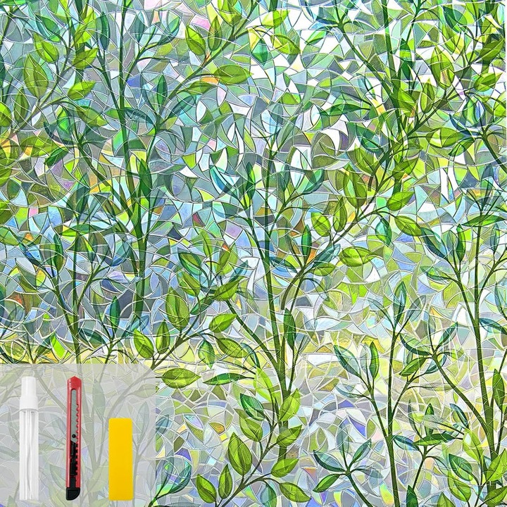 Folie de fereastra decorativa TodyJeyHo, model frunza curcubeu, 40x200cm, protectie privata, reutilizabila