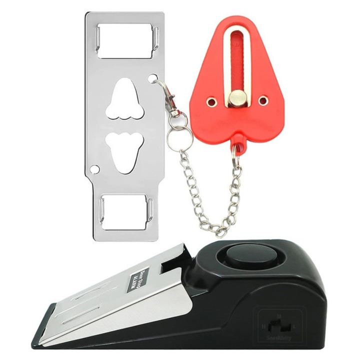 Set de incuietori portabile si alarme pentru usi, TodyJeyHo, inox, negru, 5.12x1.65x0.5 inch